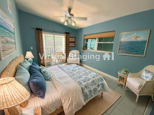 bedroom with light tile patterned floors, access to outside, ceiling fan, and vaulted ceiling