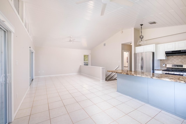 kitchen with light stone counters, stainless steel appliances, vaulted ceiling, under cabinet range hood, and tasteful backsplash