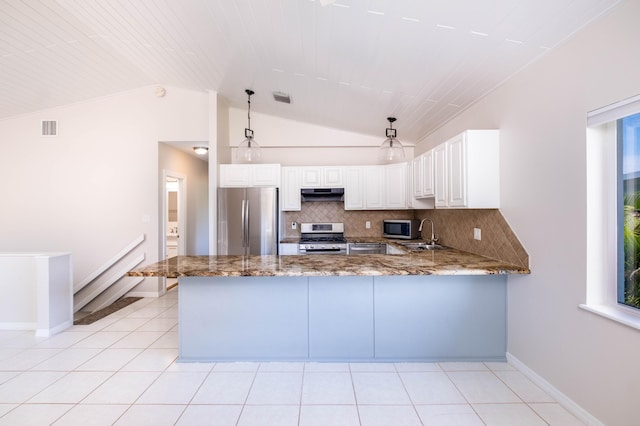 kitchen featuring under cabinet range hood, stone countertops, stainless steel appliances, and a peninsula