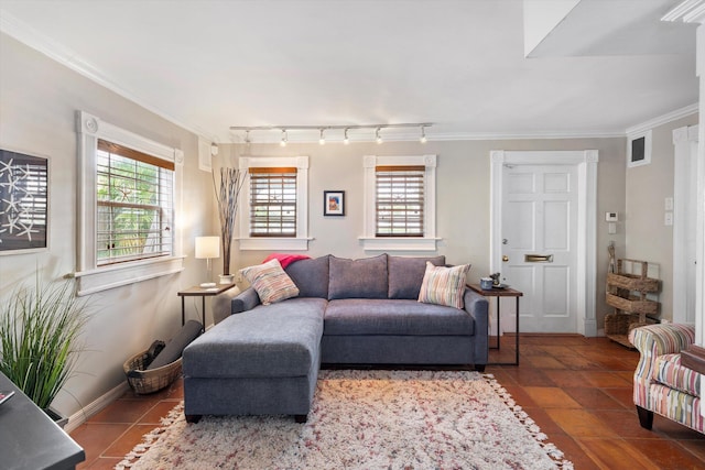 1116 Eaton St, Key West, FL 33040 - living room featuring crown molding, rail lighting, and tile patterned floors