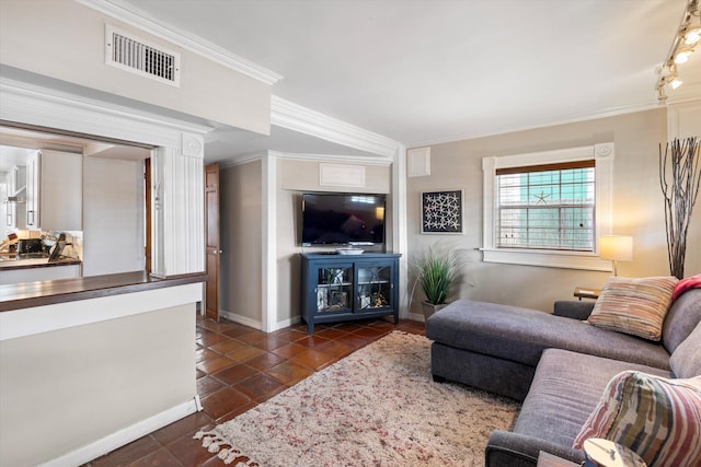 1116 Eaton St, Key West, FL 33040 - living room with ornamental molding and dark tile patterned floors