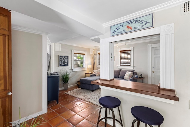 1116 Eaton St, Key West, FL 33040 - kitchen with crown molding, a breakfast bar area, dark tile patterned floors, open floor plan, and brown cabinets