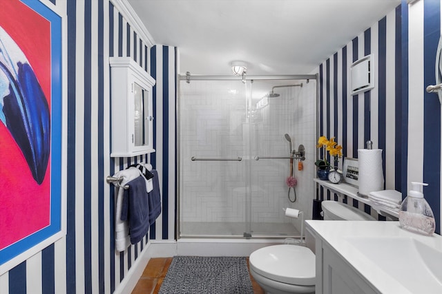 1116 Eaton St, Key West, FL 33040 - full bath featuring a shower stall, wallpapered walls, vanity, and tile patterned flooring