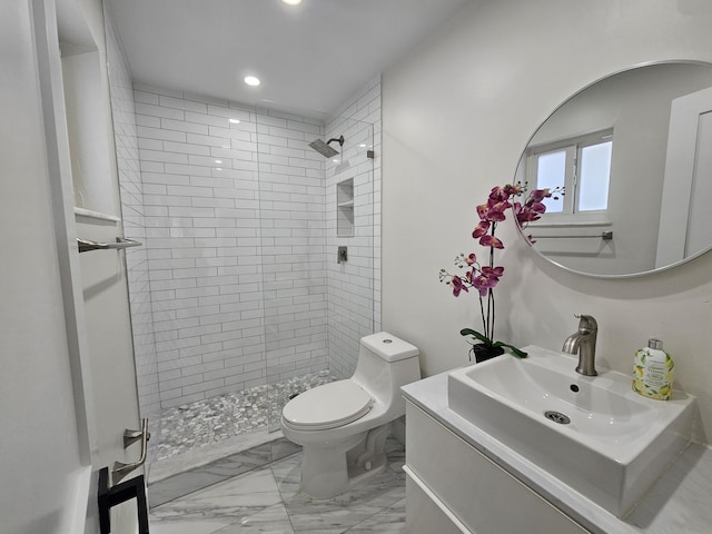 392 Laguna Ave, Key Largo, FL 33037 - bathroom featuring a shower stall, marble look tile flooring, recessed lighting, toilet, and vanity