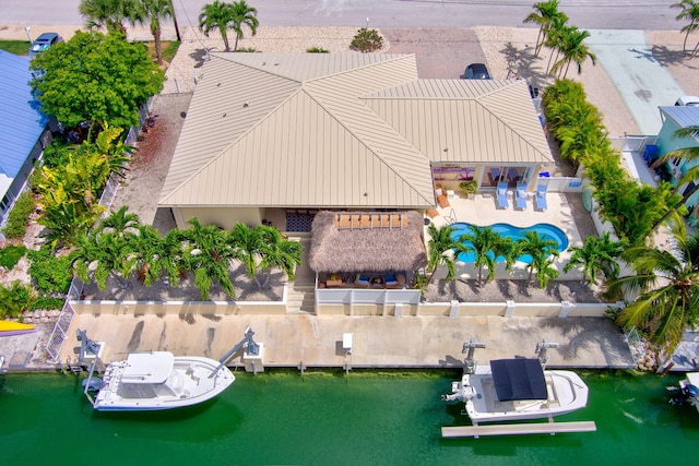 drone / aerial view with a water view