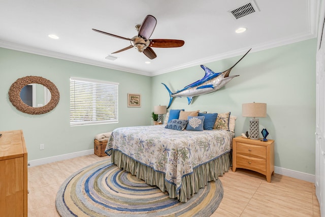 tiled bedroom with crown molding and ceiling fan