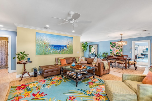 tiled living room with ornamental molding and ceiling fan with notable chandelier