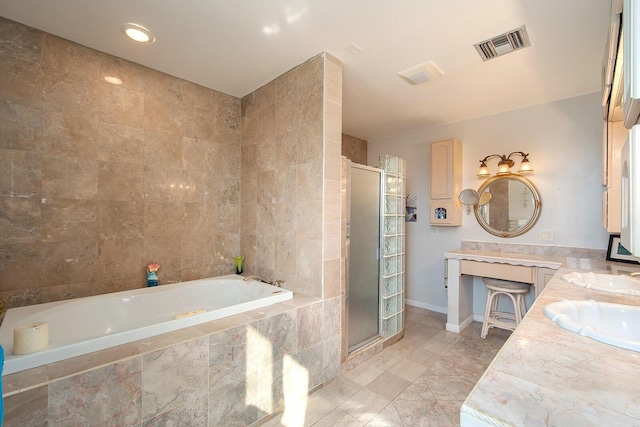 full bath with a garden tub, a stall shower, a sink, and visible vents