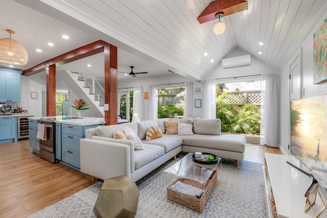 living room featuring wood ceiling, a wall mounted AC, vaulted ceiling, light wood-type flooring, and beverage cooler