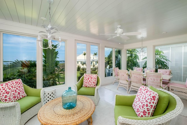 sunroom featuring wood ceiling and ceiling fan