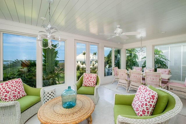 sunroom featuring wood ceiling and ceiling fan