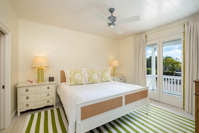 bedroom featuring wooden ceiling, access to exterior, and ceiling fan