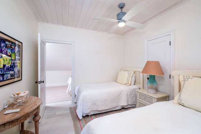 bedroom with light hardwood / wood-style flooring, wooden ceiling, and ceiling fan