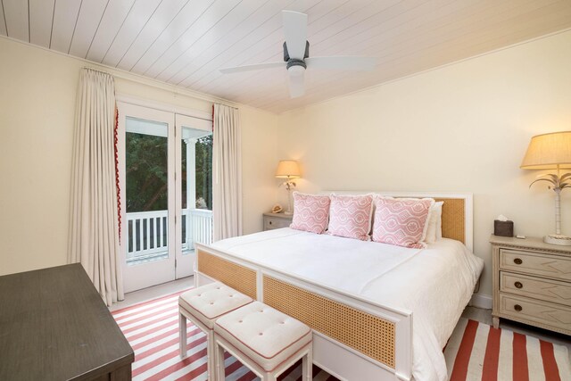 bedroom with access to exterior, wood ceiling, and ceiling fan