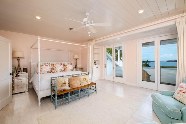 bedroom with access to exterior, ceiling fan, a water view, wooden ceiling, and light wood-type flooring