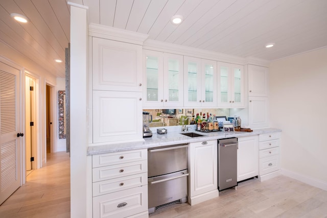 bar with white cabinetry, light stone countertops, wooden ceiling, and light wood-type flooring