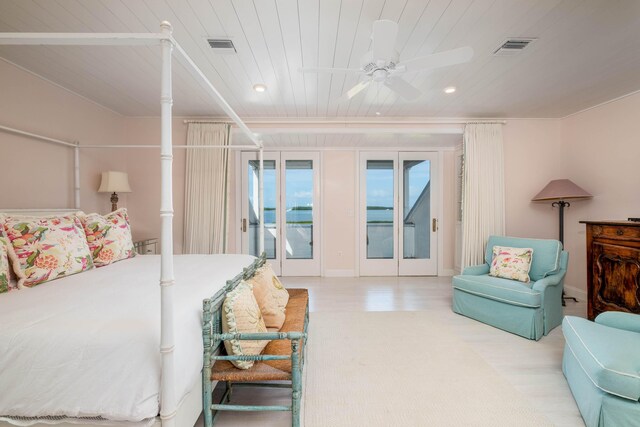 bedroom featuring wood-type flooring, ceiling fan, access to exterior, and wood ceiling