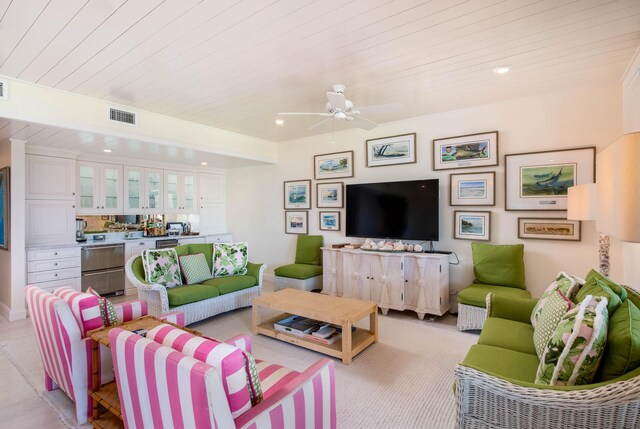 living room with wood ceiling and ceiling fan