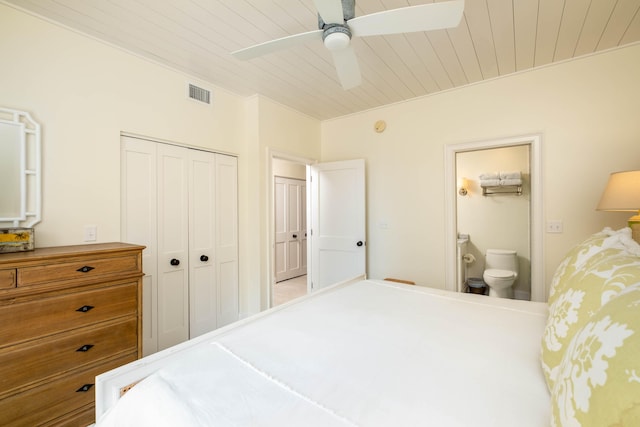 bedroom with ensuite bathroom, wooden ceiling, ceiling fan, and a closet