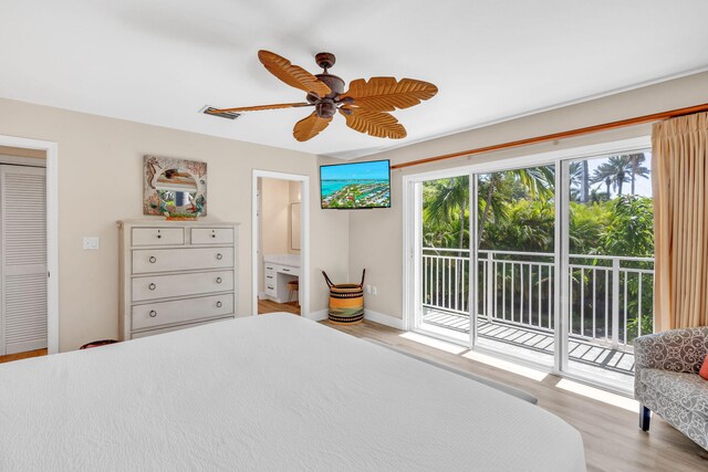 bedroom with ceiling fan, connected bathroom, access to outside, and light hardwood / wood-style floors