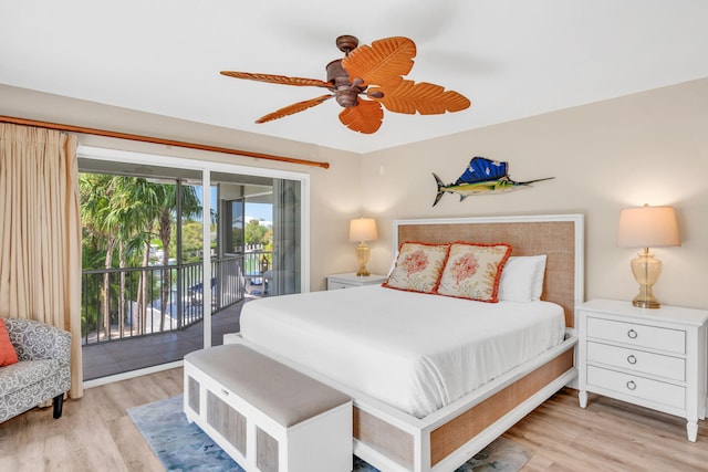 bedroom featuring access to exterior, ceiling fan, and light hardwood / wood-style flooring