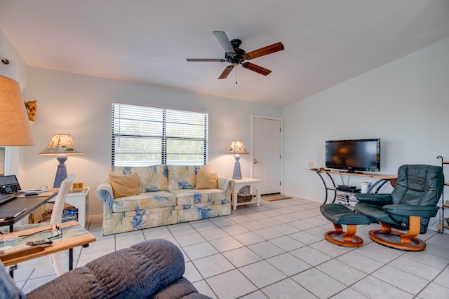 tiled living room with ceiling fan