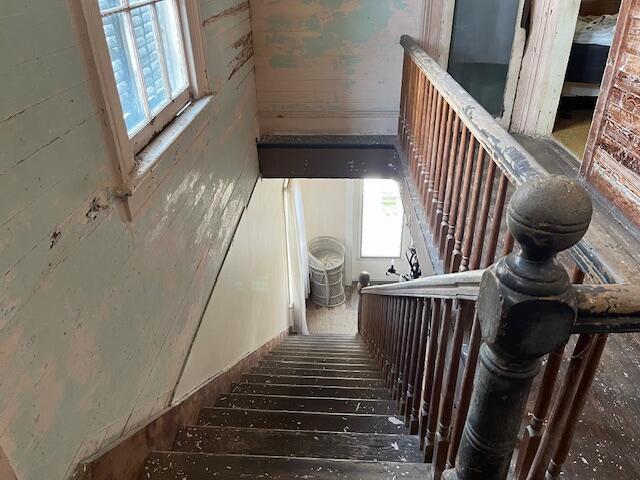 stairs with hardwood / wood-style floors and plenty of natural light