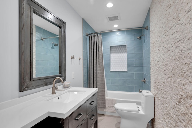 122 S Bay Harbor Dr, Key Largo, FL 33037 - bathroom featuring shower / tub combo with curtain, tile patterned flooring, toilet, vanity, and recessed lighting