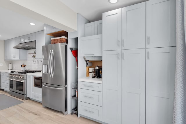 122 S Bay Harbor Dr, Key Largo, FL 33037 - kitchen featuring appliances with stainless steel finishes, under cabinet range hood, light countertops, recessed lighting, and tasteful backsplash