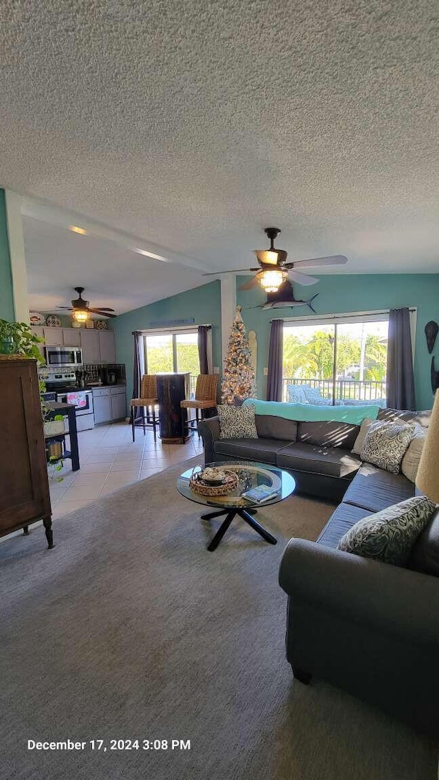 tiled living room with vaulted ceiling, a textured ceiling, and plenty of natural light