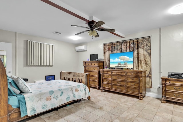 bedroom featuring light tile patterned flooring, ceiling fan, and a wall mounted air conditioner