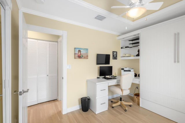 office area featuring crown molding, ceiling fan, and light wood-type flooring