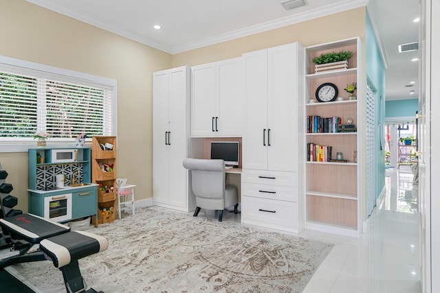 office with baseboards, visible vents, recessed lighting, ornamental molding, and built in desk