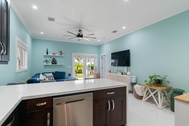 kitchen with visible vents, light countertops, dark brown cabinets, stainless steel dishwasher, and open floor plan