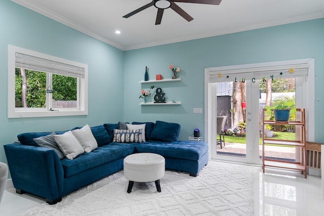 living area with plenty of natural light, recessed lighting, crown molding, and a ceiling fan