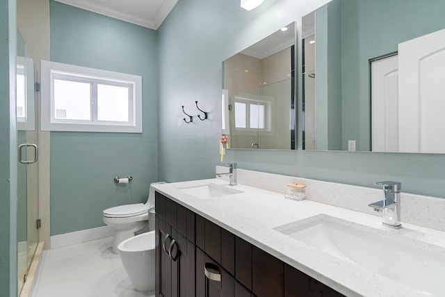 bathroom with a sink, a bidet, a stall shower, and crown molding