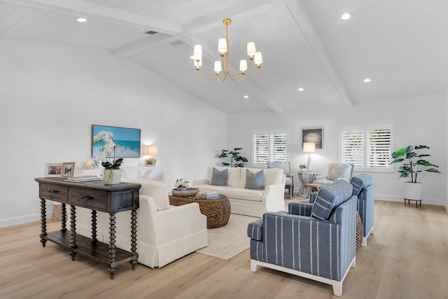 living room with an inviting chandelier, high vaulted ceiling, beamed ceiling, and light wood-type flooring