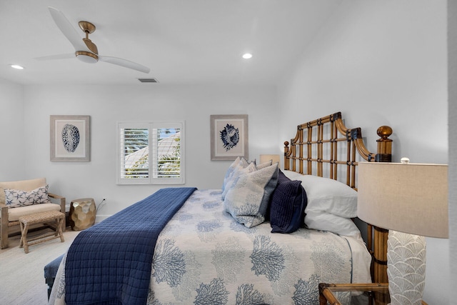 carpeted bedroom with ceiling fan