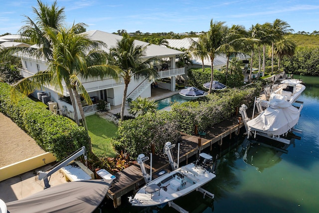 drone / aerial view featuring a water view