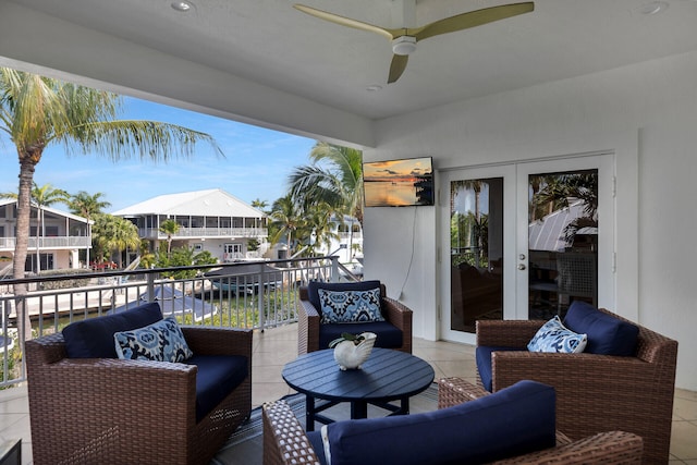 exterior space with an outdoor hangout area, ceiling fan, and french doors