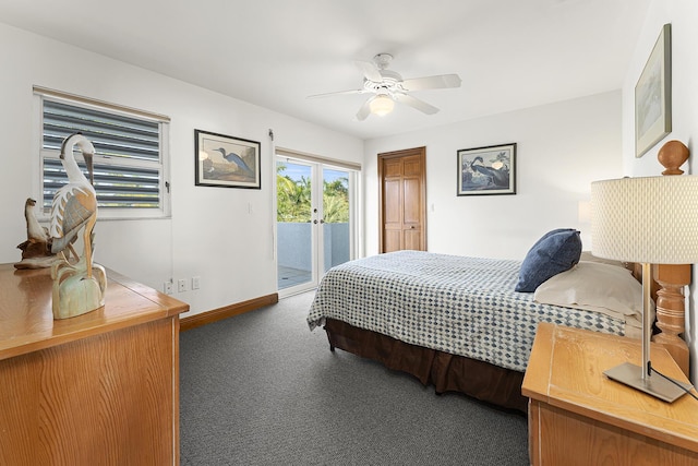 bedroom featuring access to exterior, dark colored carpet, and ceiling fan