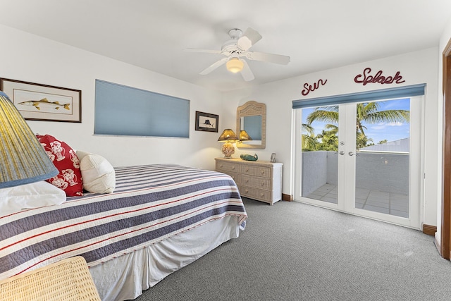 carpeted bedroom featuring ceiling fan, access to outside, and french doors