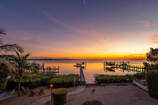 view of water feature with a dock