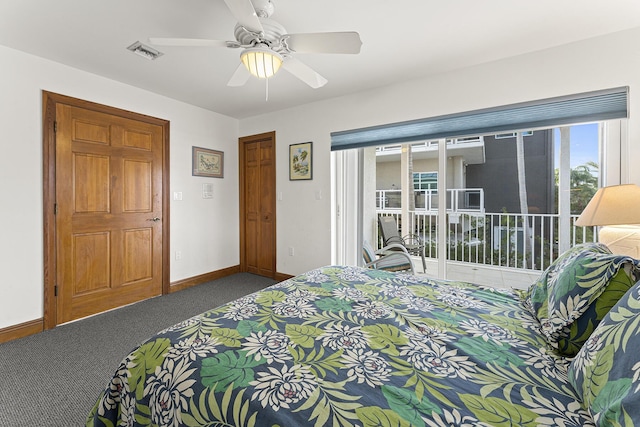 carpeted bedroom featuring ceiling fan and access to outside