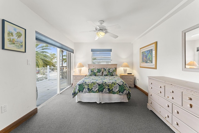 carpeted bedroom featuring ceiling fan and access to outside