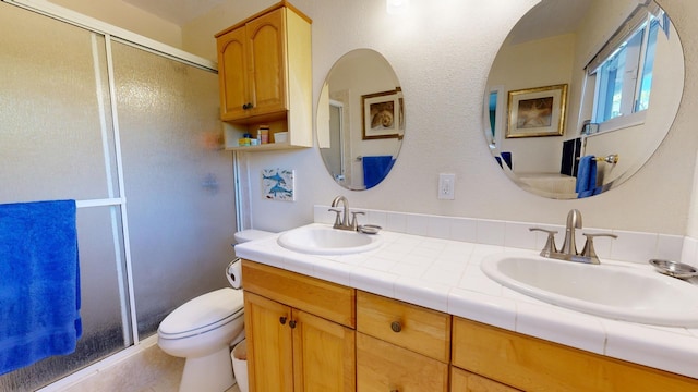 bathroom with vanity, a shower with shower door, and toilet