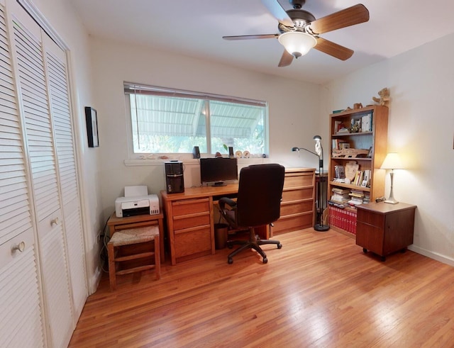 office featuring ceiling fan and light hardwood / wood-style floors