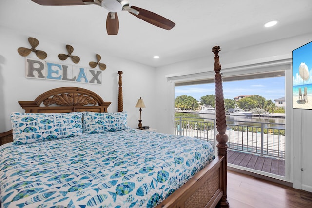 bedroom with ceiling fan, hardwood / wood-style floors, and access to outside