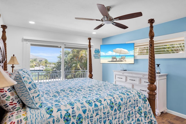 bedroom featuring hardwood / wood-style flooring, access to outside, and ceiling fan