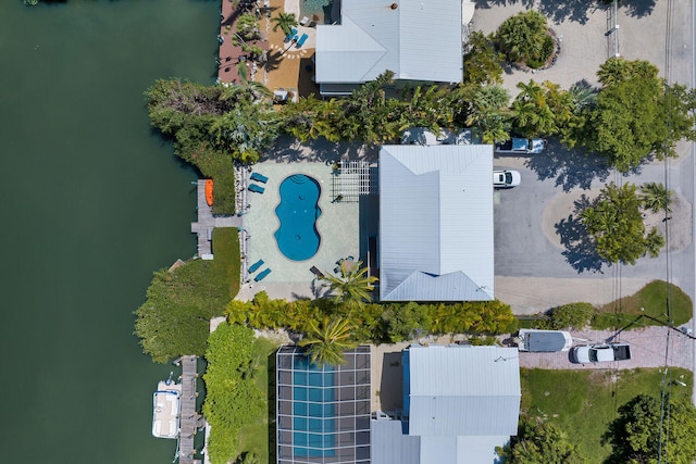 drone / aerial view with a water view